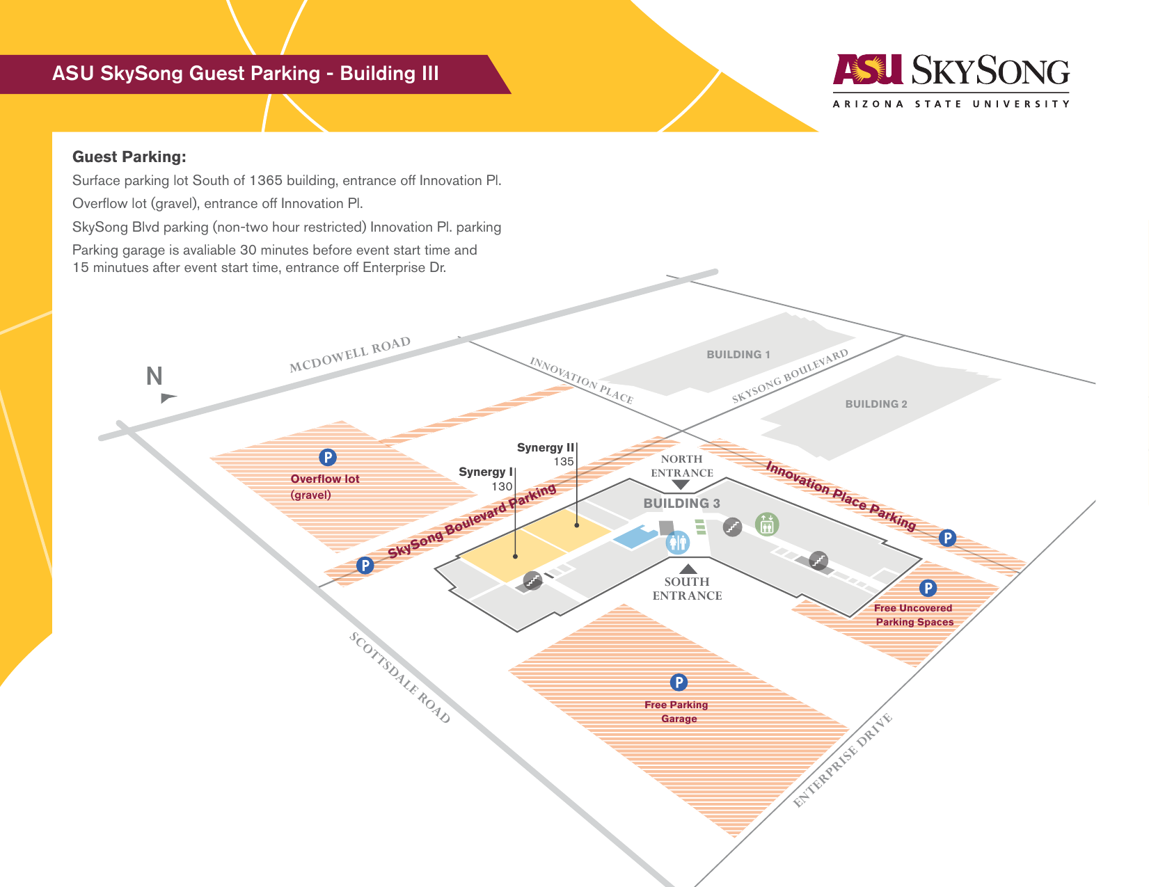 ASU SkySong Building III guest parking map showing the Synergy rooms, the surface lot south of the 1365 building, the overflow gravel lot off Innovation Place, and the free parking garage off Enterprise Drive.